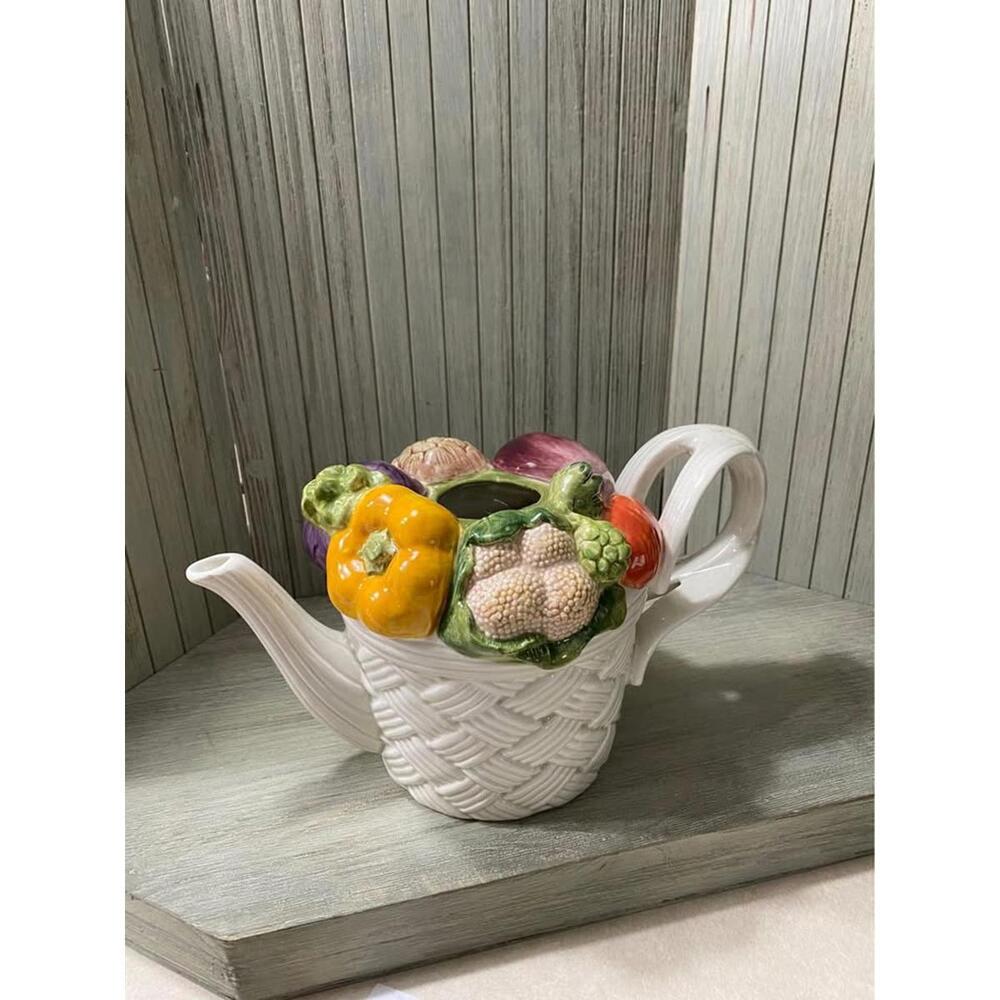 Fitz & Floyd Porcelain Vegetable Garden Teapot Basket 1995 Retired 6” X 10”